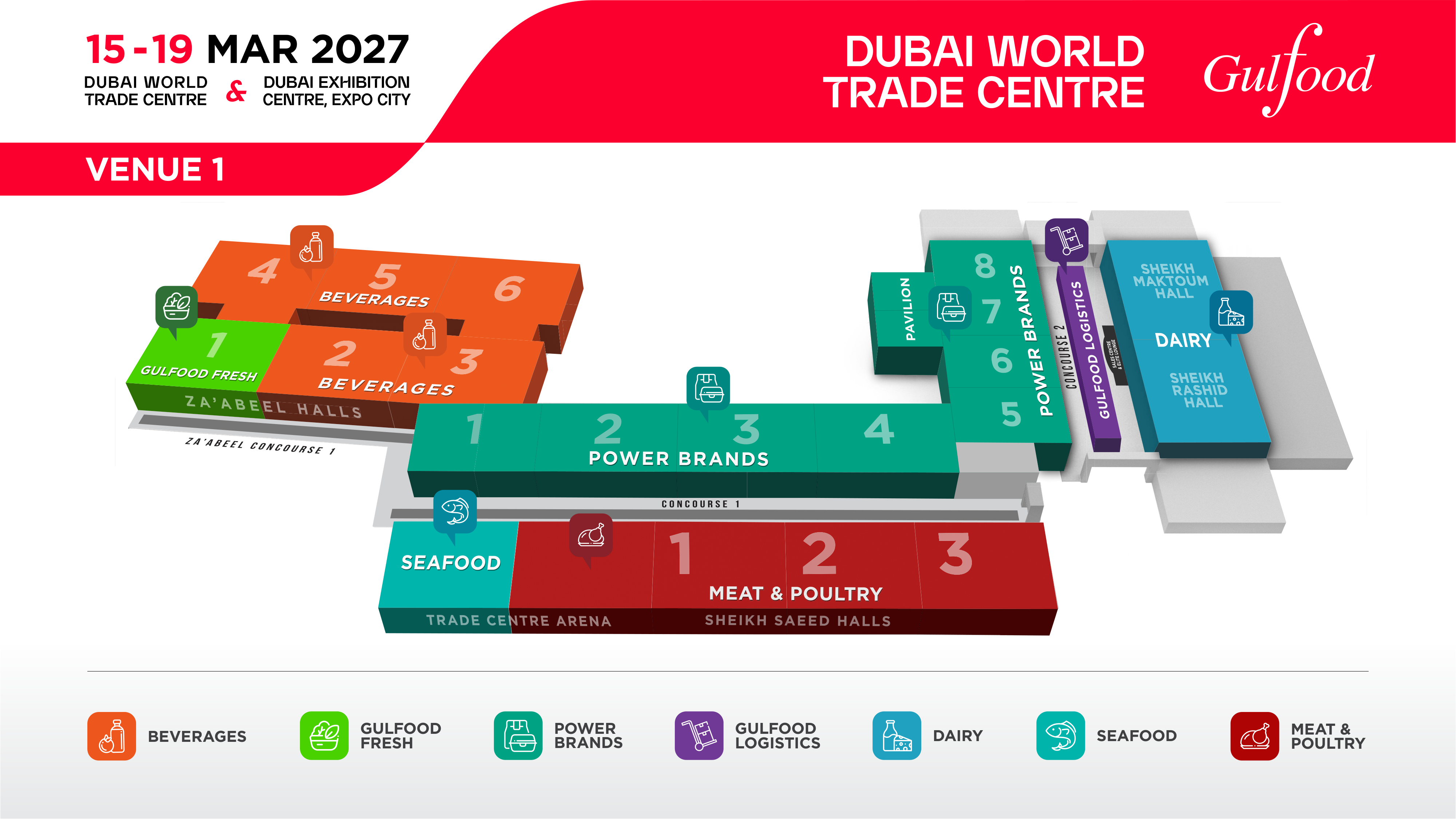 Gulfood 2027 venue map — Venue 1 — Dubai World Trade Centre